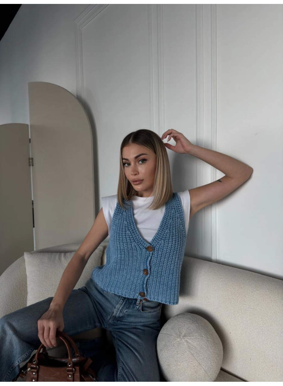 Triko Kolsuz Düğmeli Yelek - Mavi