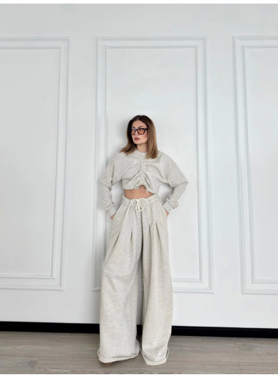Uzun Kollu Önü İp Büzgülü  Crop Ve Pantolon İkili Takım - Gri