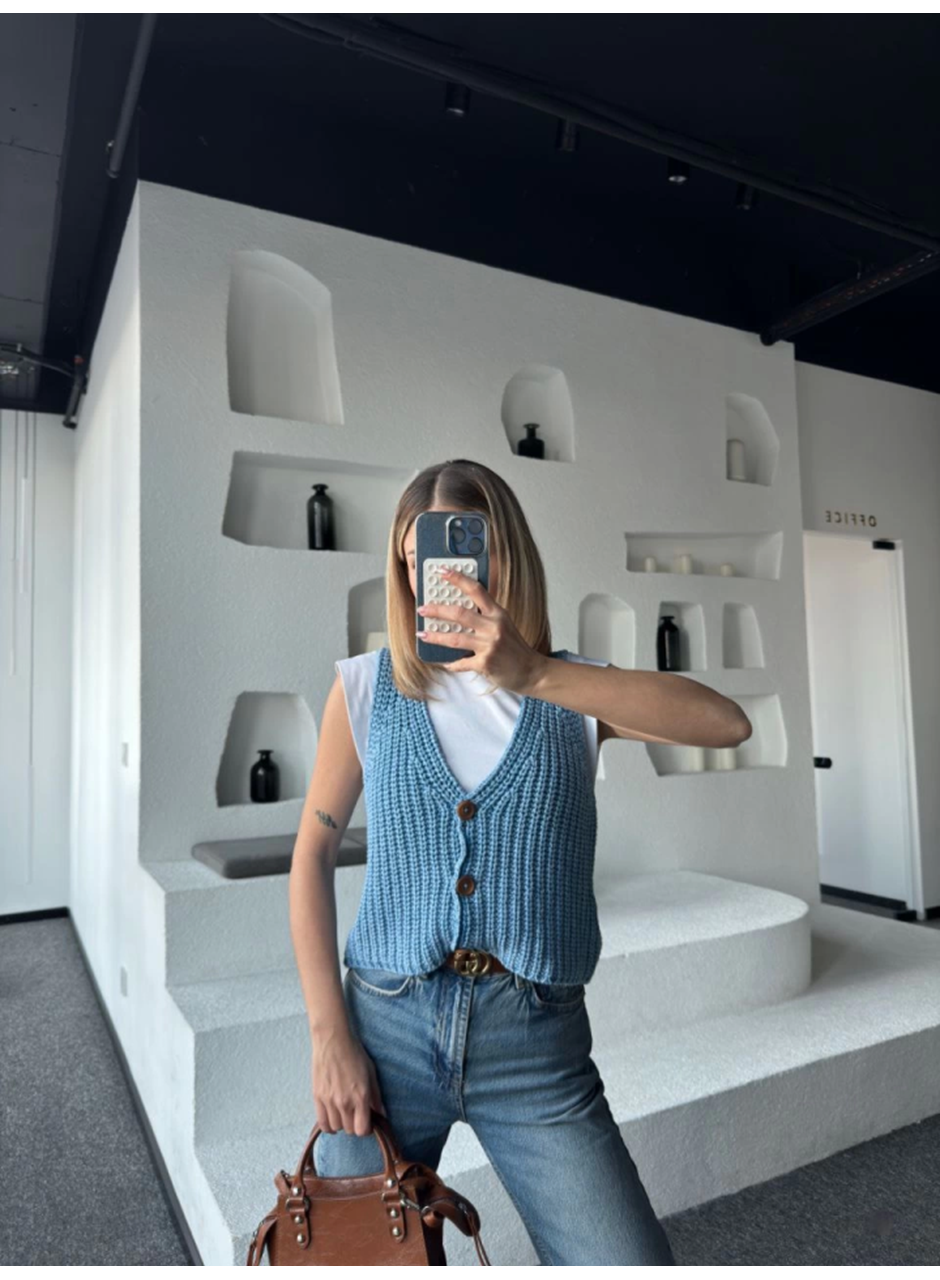 Triko Kolsuz Düğmeli Yelek - Mavi