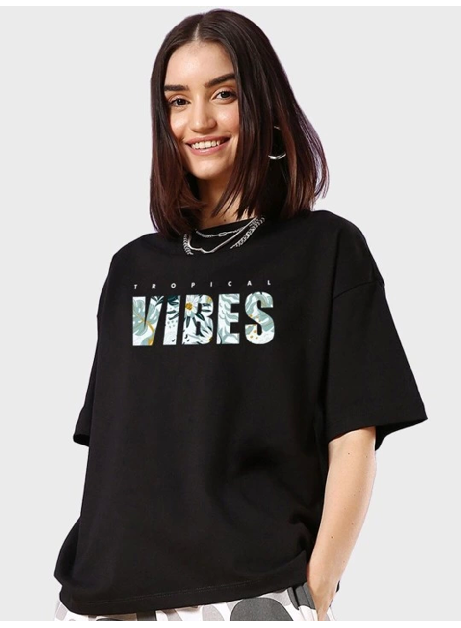Baskılı Oversize T-shirt - Siyah