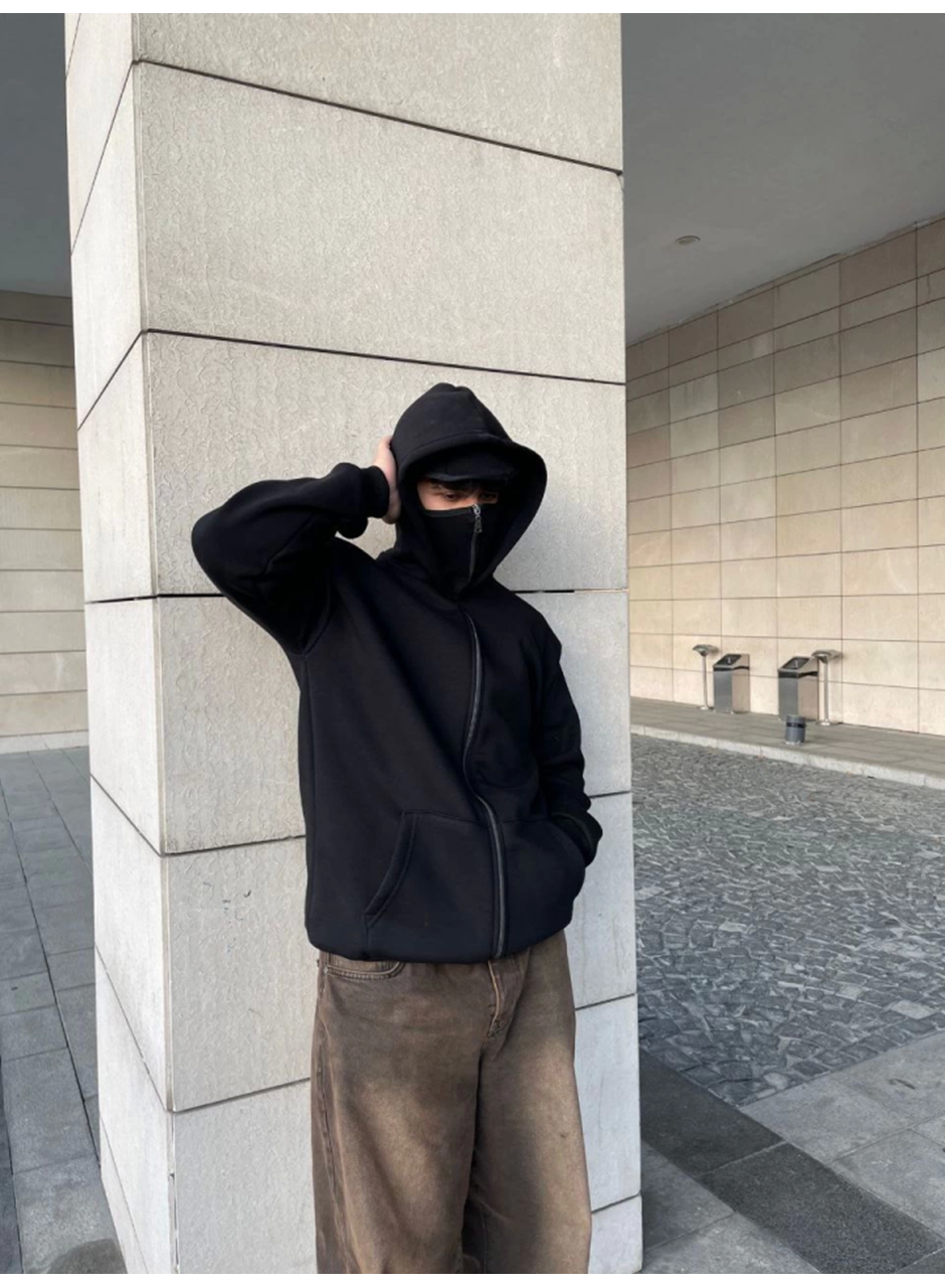 Samuray Kapüşonlu ZIP Fermuarlı Kapüşonlu SweatShirt - Siyah