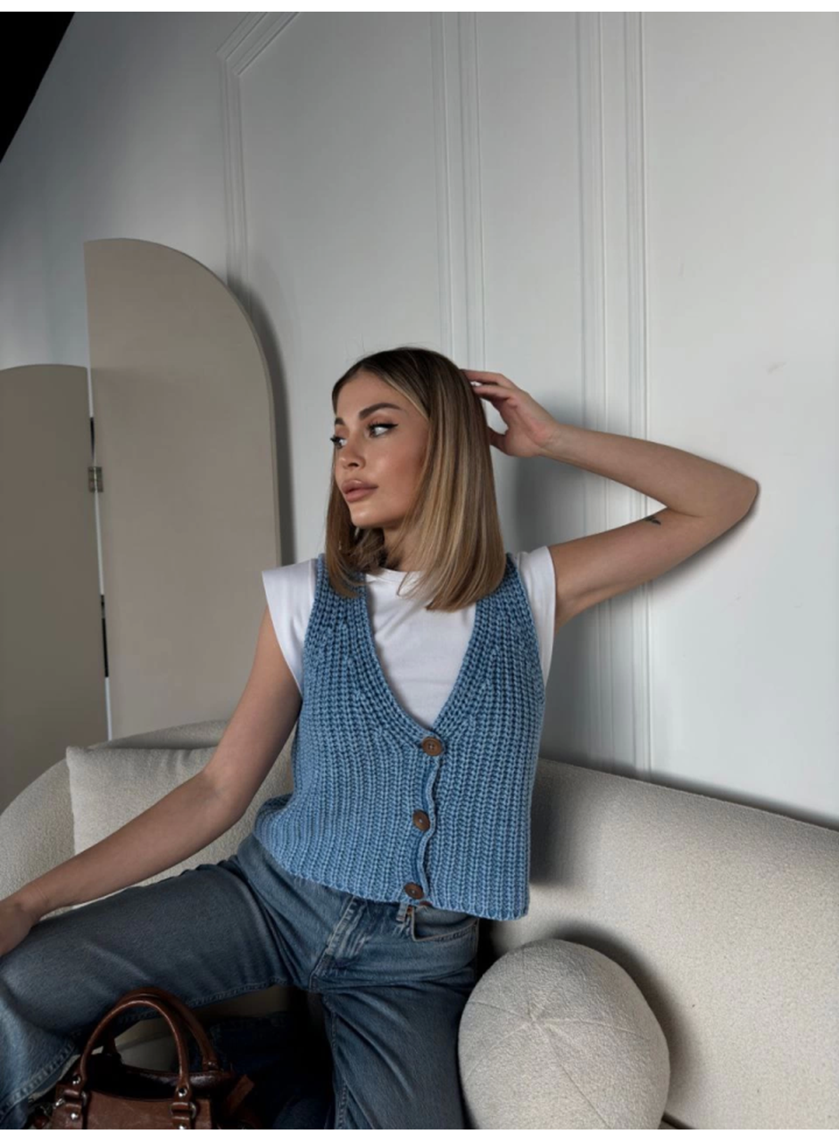 Triko Kolsuz Düğmeli Yelek - Mavi