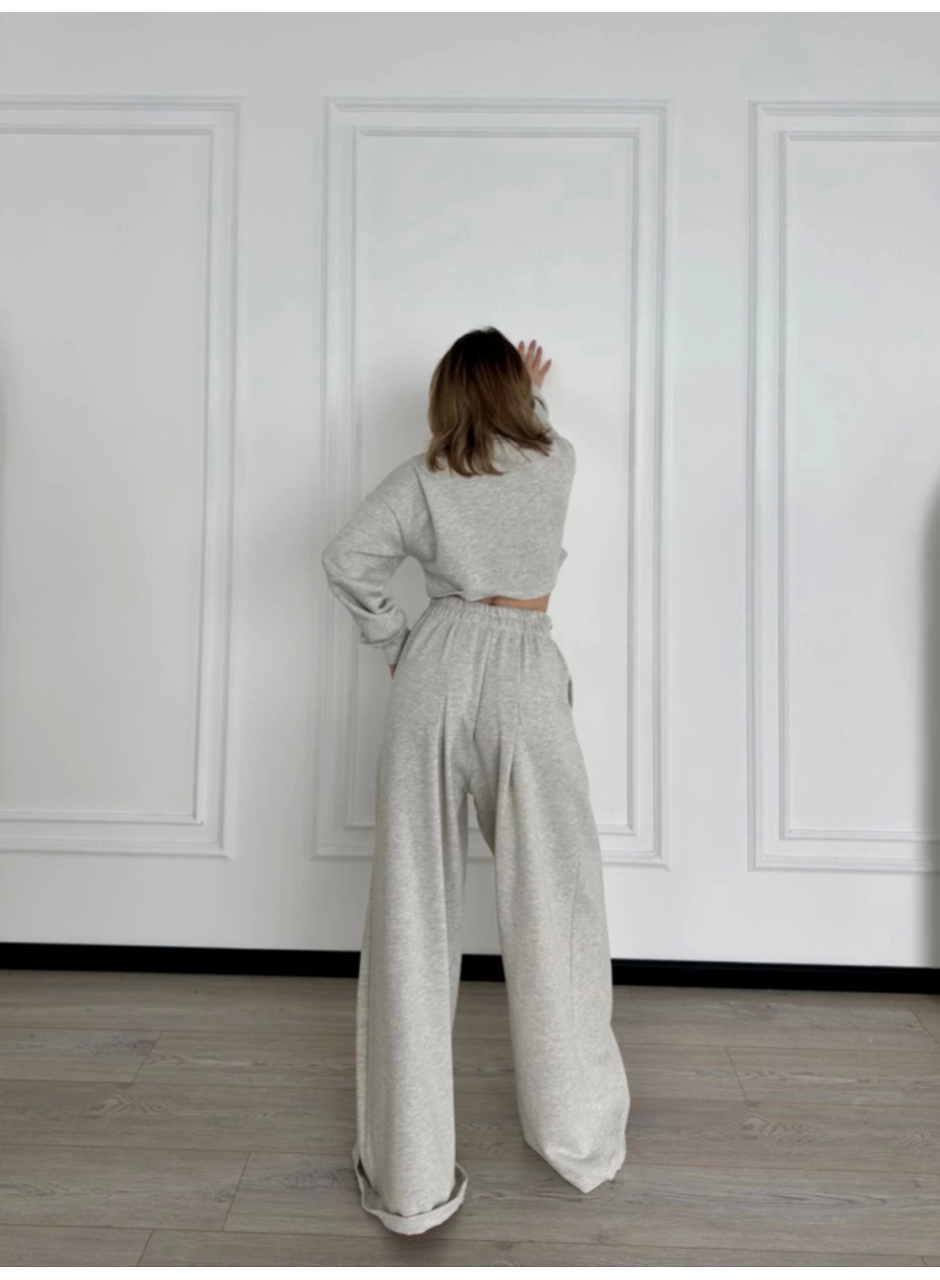 Uzun Kollu Önü İp Büzgülü  Crop Ve Pantolon İkili Takım - Gri