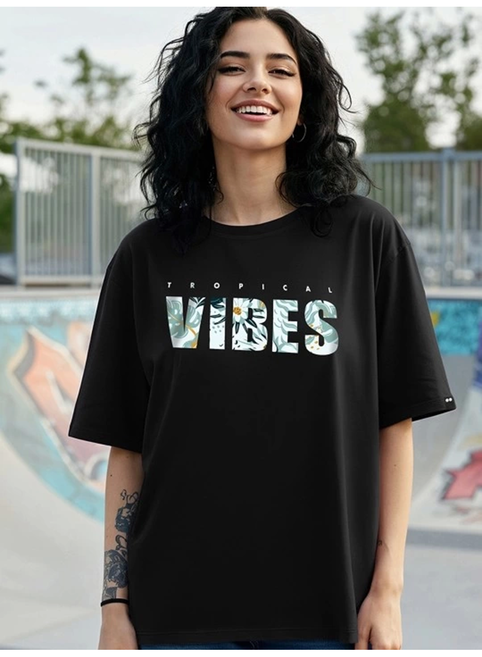 Baskılı Oversize T-shirt - Siyah