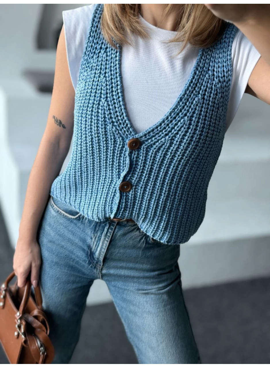 Triko Kolsuz Düğmeli Yelek - Mavi