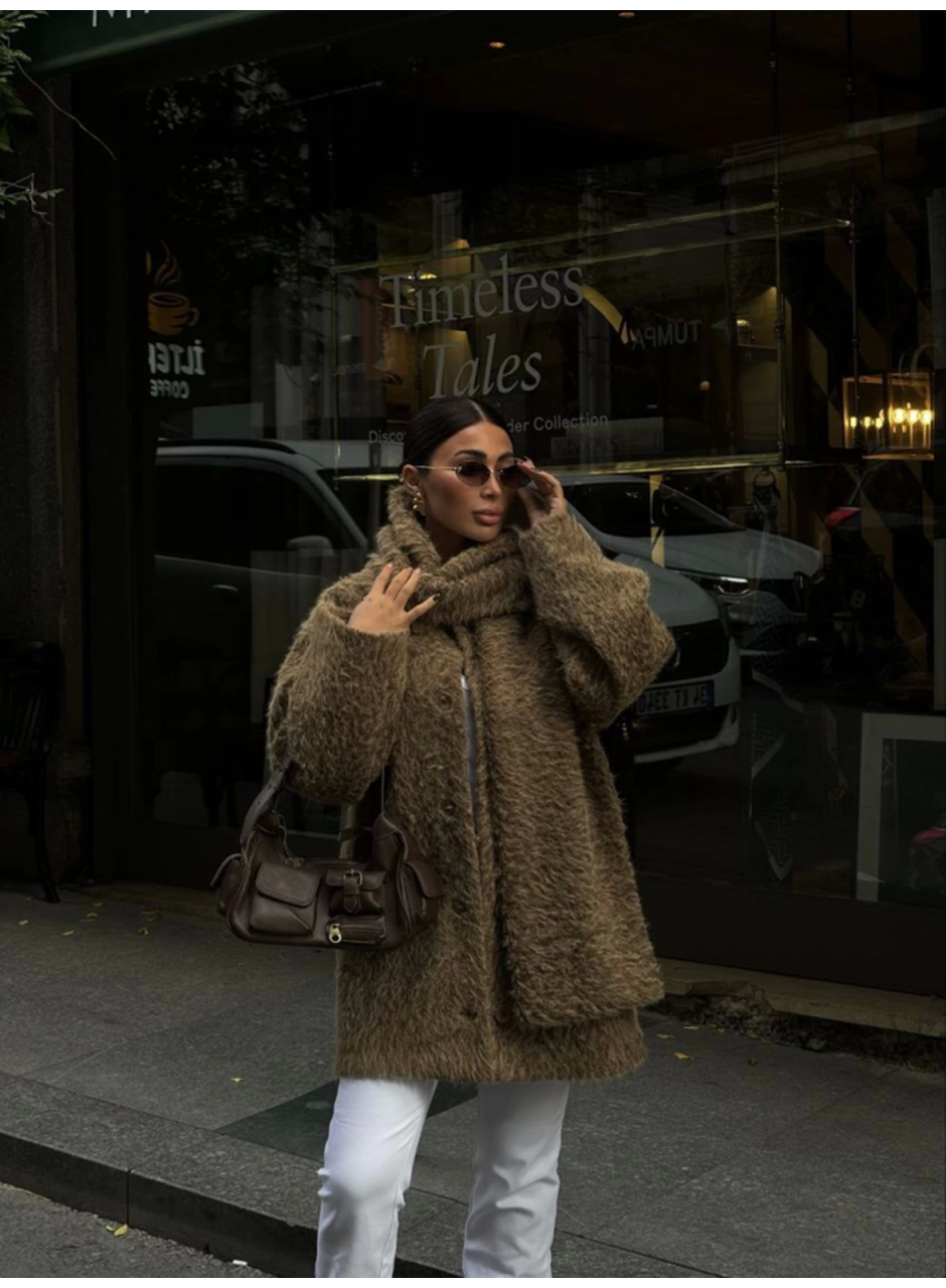 Yün Cıkartılabilen Atkılı ,Kaban İkili Takım- Kahve