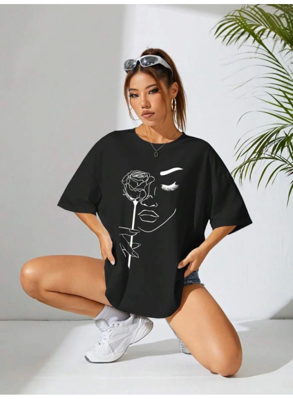 Baskılı Oversize T-shirt - Siyah