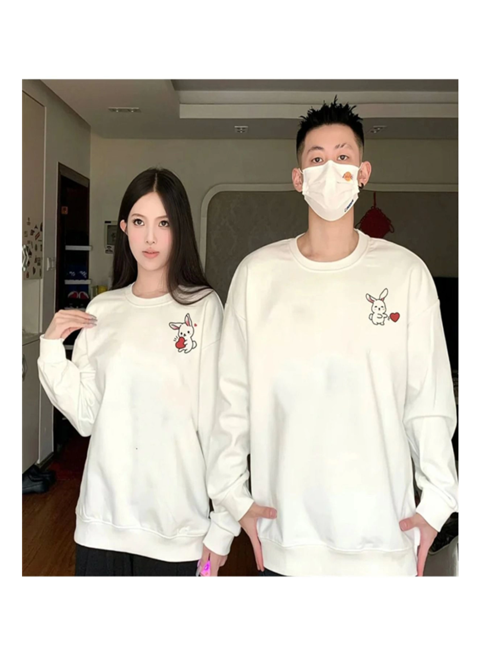 Tavşan Baskılı Sevgili Çift Kombini Kapüşonlu Sweatshirt - Hodie - Beyaz