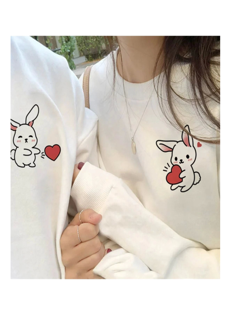 Tavşan Baskılı Sevgili Çift Kombini Kapüşonlu Sweatshirt - Hodie - Beyaz