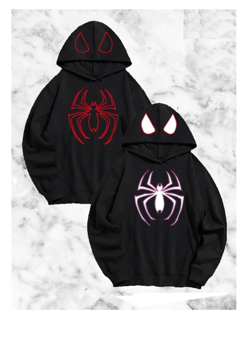 Örümcek Baskılı Sevgili Çift Kombini Kapüşonlu Sweatshirt - Hodie - Siyah