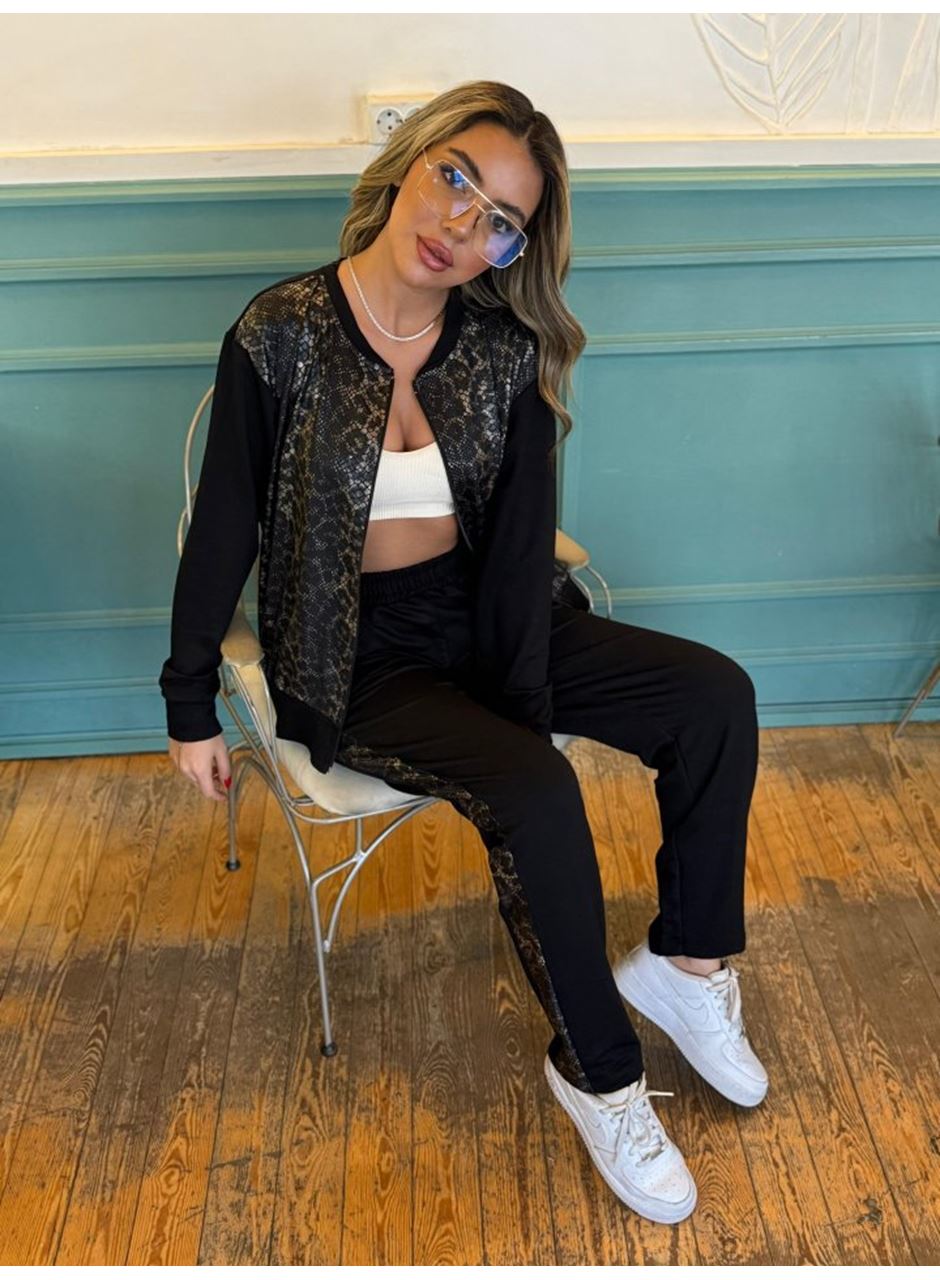 Kadın İki İplik Kumaş Yılan Desenli Fermuarlı İkili Takım