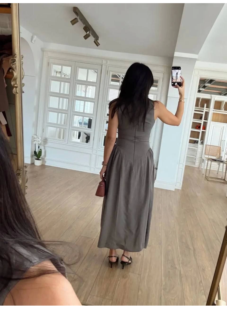 Kolsuz Uzun Kabardin Elbise - Gri