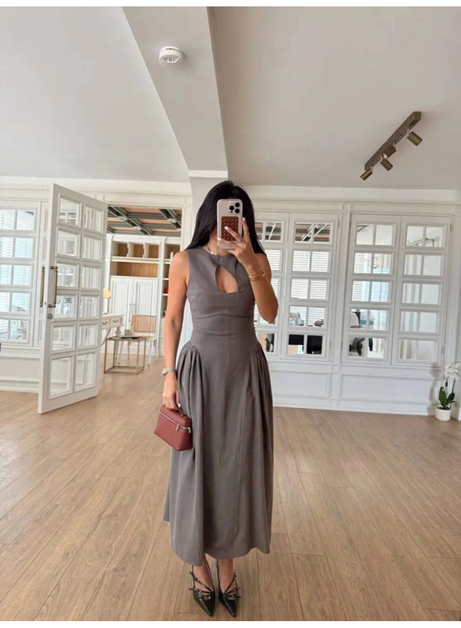 Kolsuz Uzun Kabardin Elbise - Gri