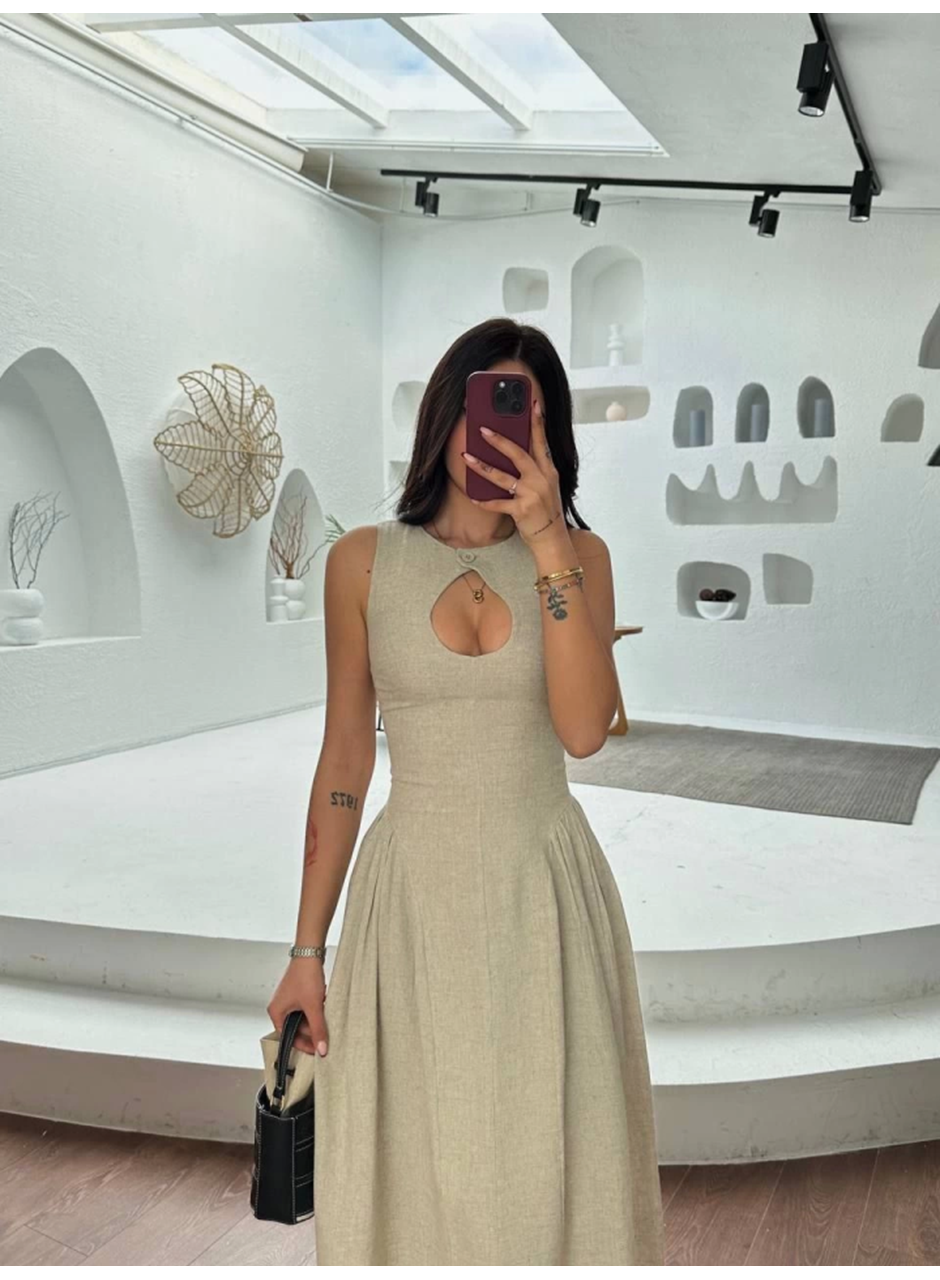 Kolsuz Uzun Kabardin Elbise - Gri