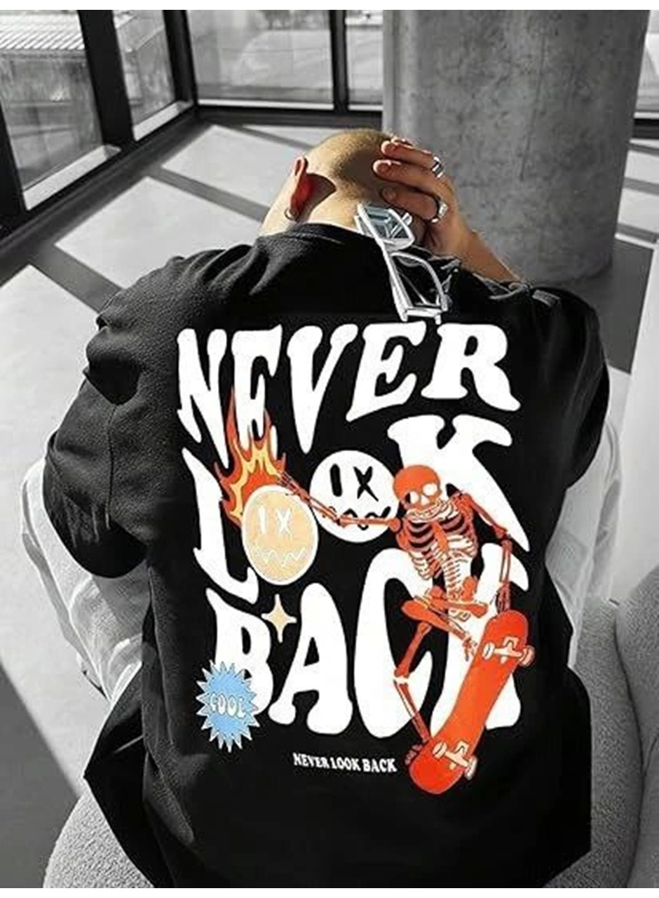 Erkek Bisiklet Yaka Kısa Kol Baskılı T-shirt - Siyah