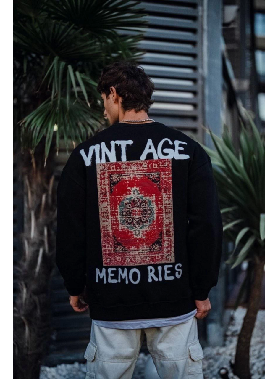 Oversize Bisiklet Yaka Üç İplik Baskılı SweatShirt - Siyah