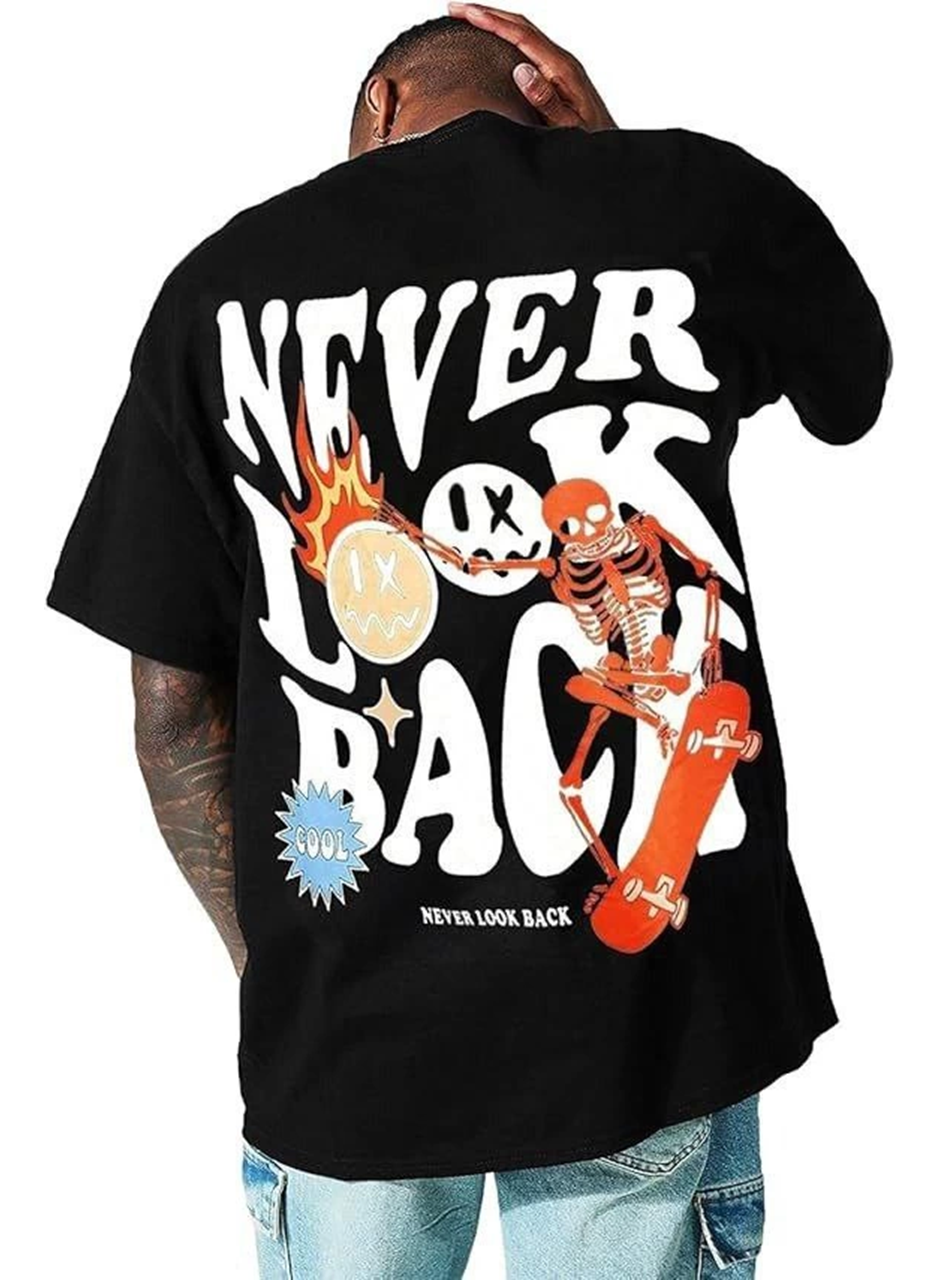 Erkek Bisiklet Yaka Kısa Kol Baskılı T-shirt - Siyah