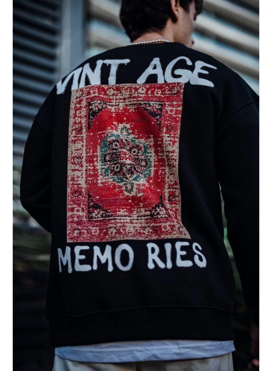 Oversize Bisiklet Yaka Üç İplik Baskılı SweatShirt - Siyah