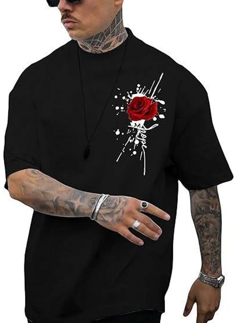 Erkek Bisiklet Yaka Kısa Kol Baskılı T-shirt - Siyah