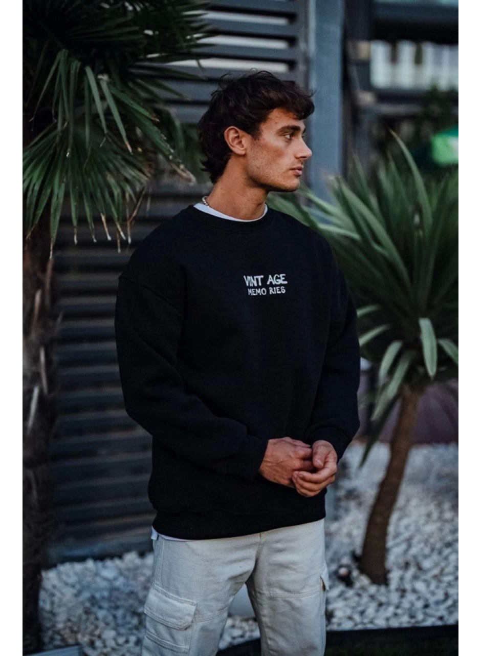 Oversize Bisiklet Yaka Üç İplik Baskılı SweatShirt - Siyah