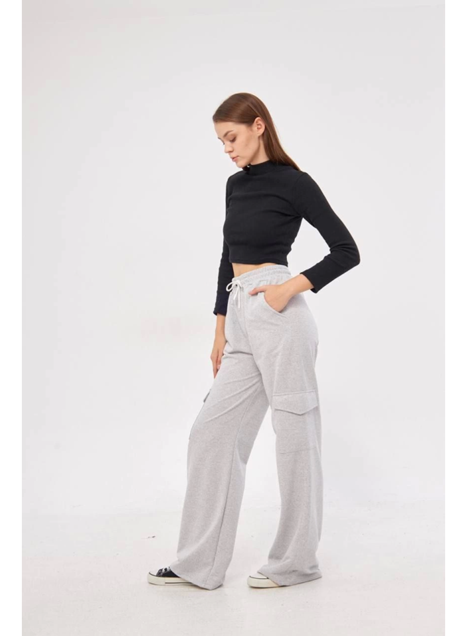 Kargo Cepli Palazzo Oversize Kesim İki Iplik Bol Paça Eşofman Altı Pantalon - Gri