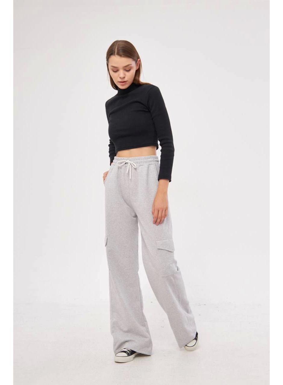Kargo Cepli Palazzo Oversize Kesim İki Iplik Bol Paça Eşofman Altı Pantalon - Gri