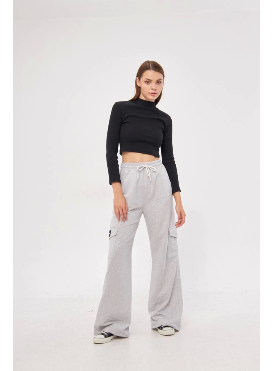 Kargo Cepli Palazzo Oversize Kesim İki Iplik Bol Paça Eşofman Altı Pantalon - Gri