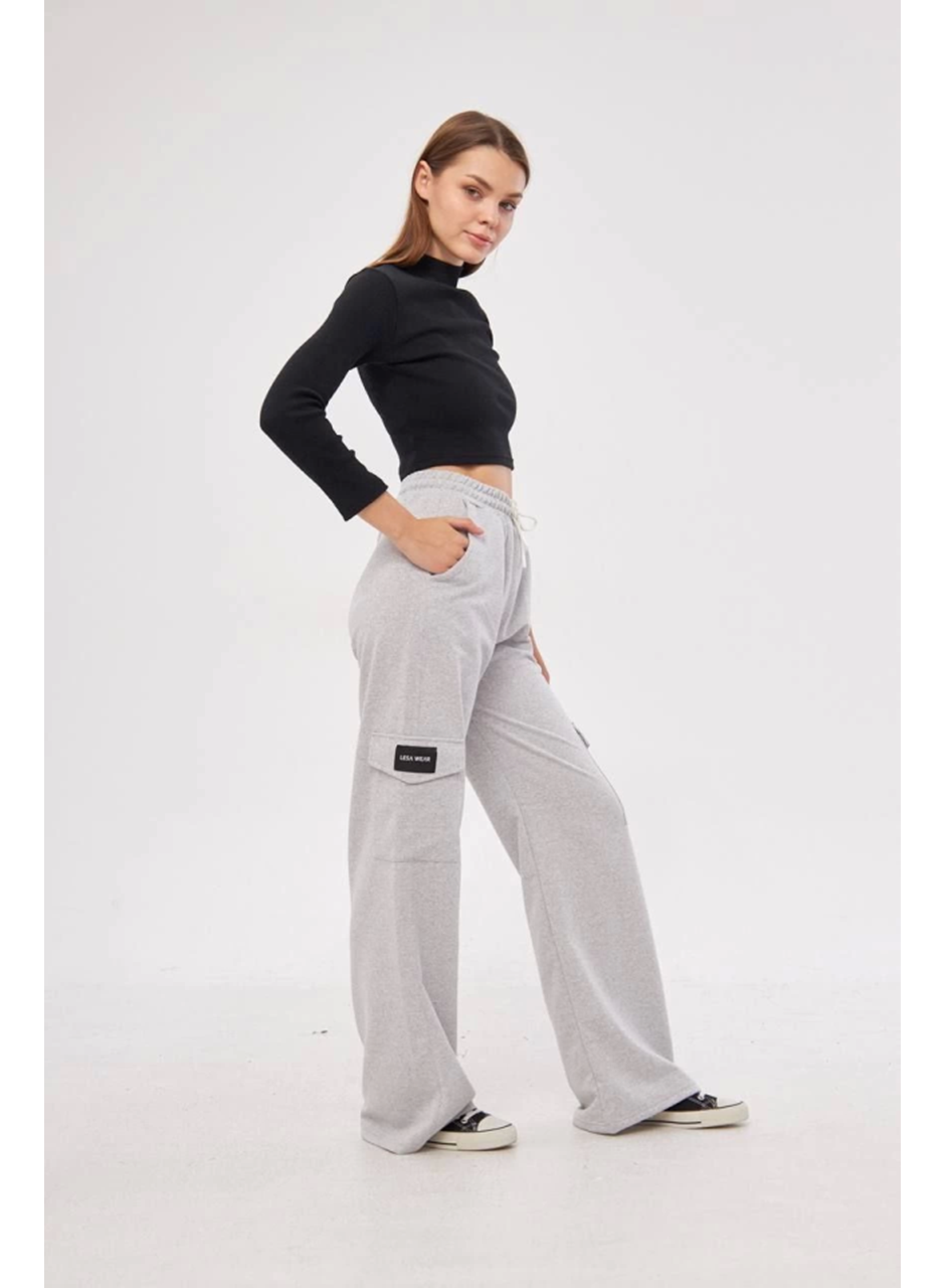 Kargo Cepli Palazzo Oversize Kesim İki Iplik Bol Paça Eşofman Altı Pantalon - Gri