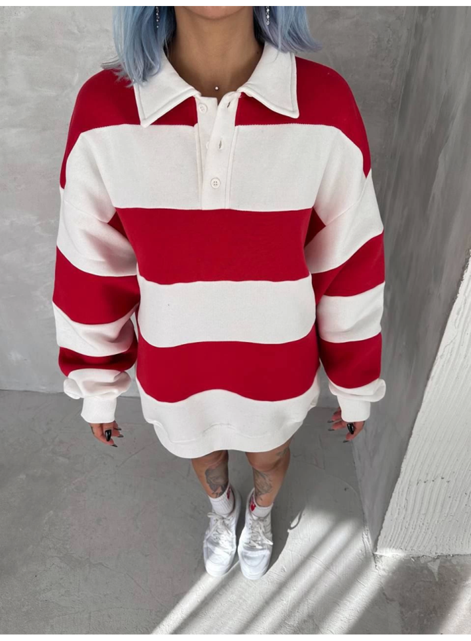 Unisex Üç İplik Parçalı Yakalı SweatShirt - Kırmızı