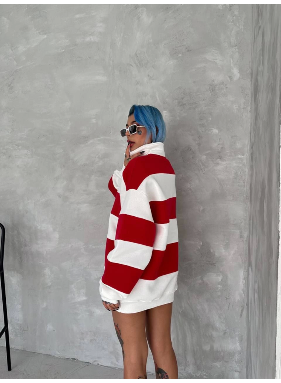 Unisex Üç İplik Parçalı Yakalı SweatShirt - Kırmızı