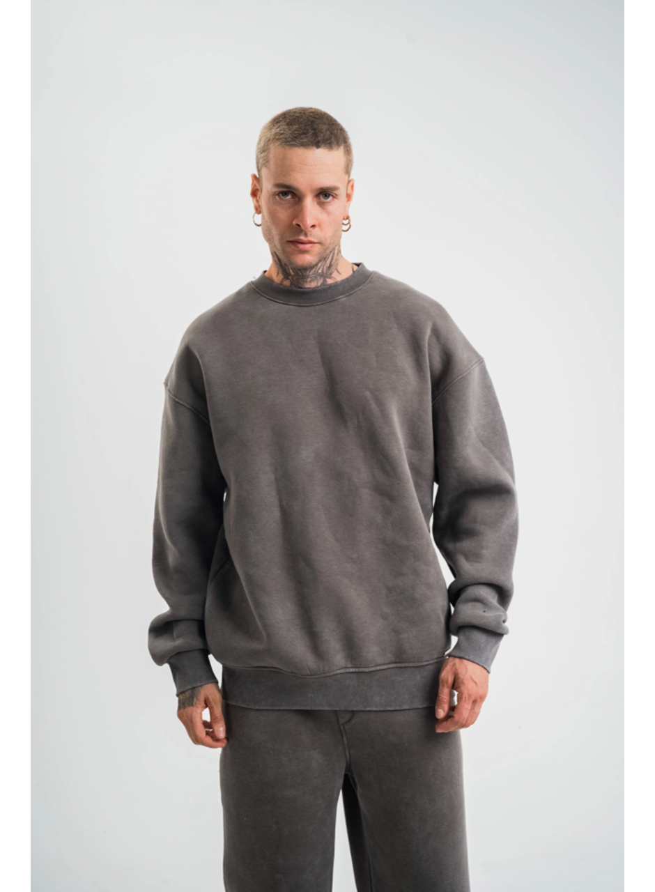 Unisex Uzun Kol Bisiklet Yaka Yıkamalı SweatShirt - Füme