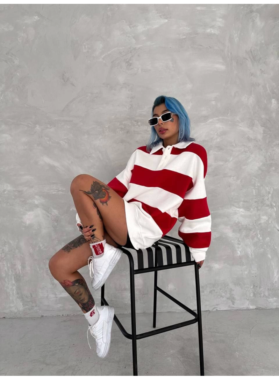 Unisex Üç İplik Parçalı Yakalı SweatShirt - Kırmızı