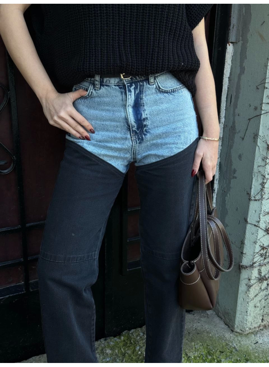 Jeans Kot Parçalı Palazzo Pantolon - Siyah