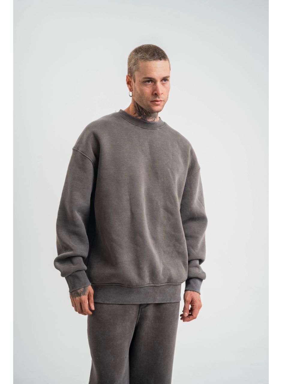 Unisex Uzun Kol Bisiklet Yaka Yıkamalı SweatShirt - Füme