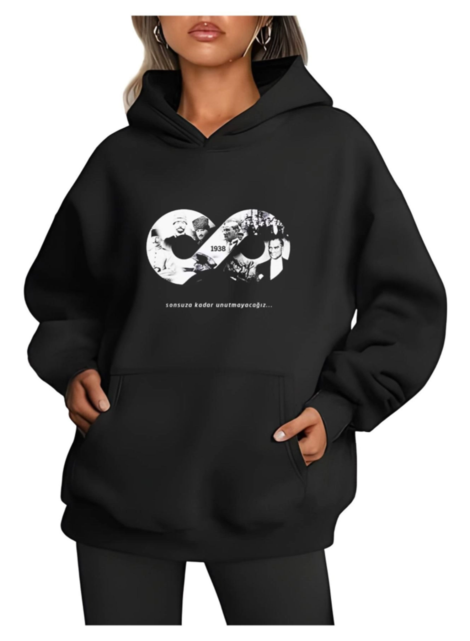 Üç İplik Kapşonlu 10 Kasıma Özel SweatShirt - Siyah