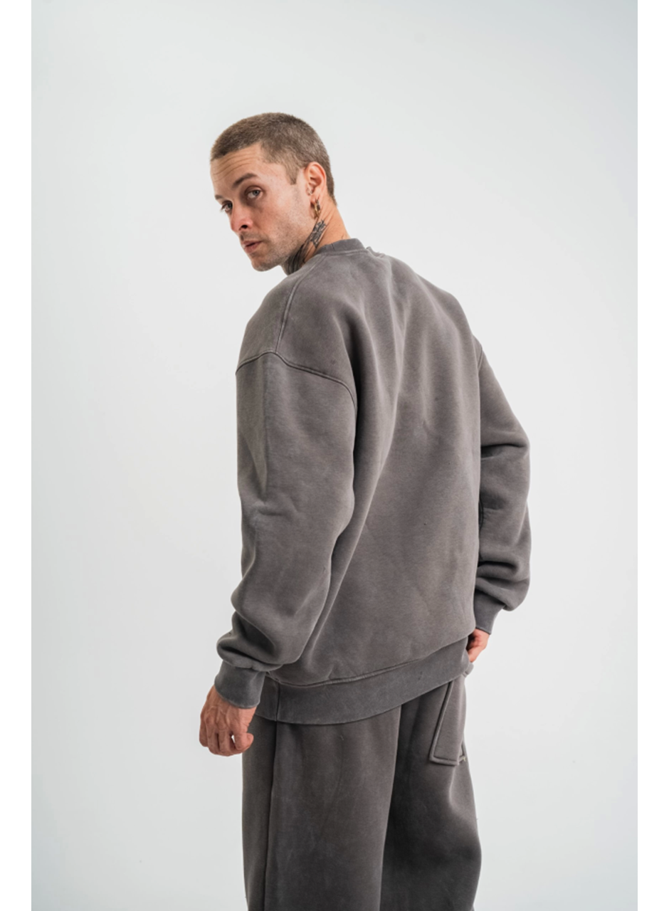 Unisex Uzun Kol Bisiklet Yaka Yıkamalı SweatShirt - Füme