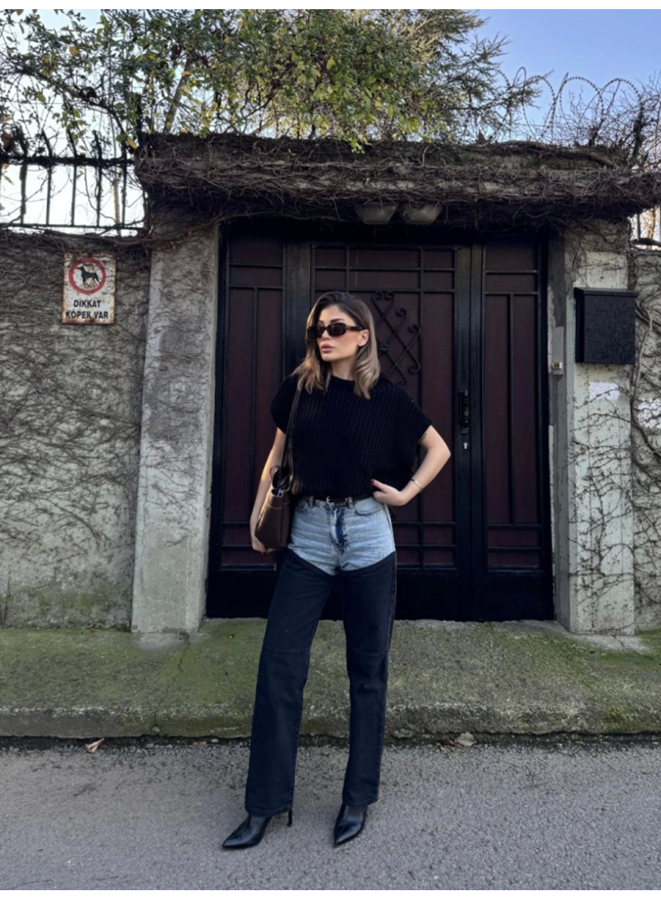 Jeans Kot Parçalı Palazzo Pantolon - Siyah