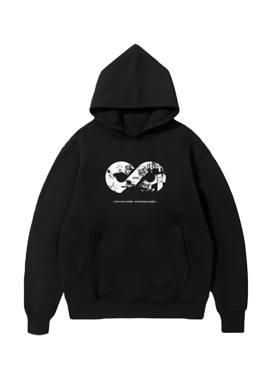 Üç İplik Kapşonlu 10 Kasıma Özel SweatShirt - Siyah