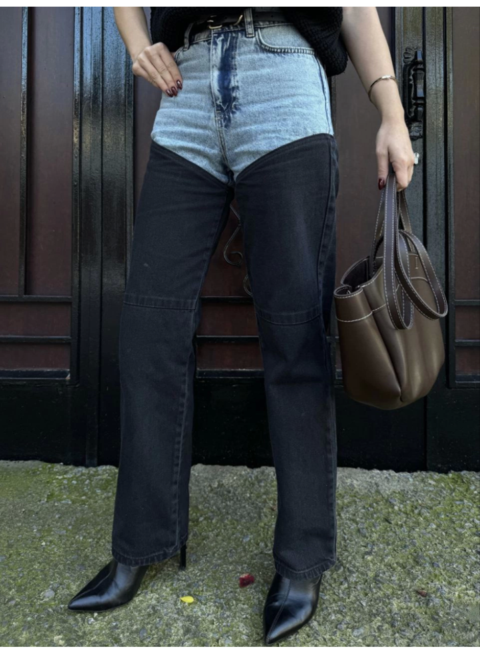 Jeans Kot Parçalı Palazzo Pantolon - Siyah