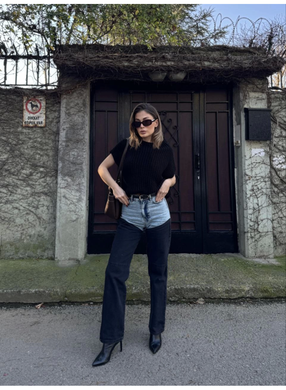 Jeans Kot Parçalı Palazzo Pantolon - Siyah