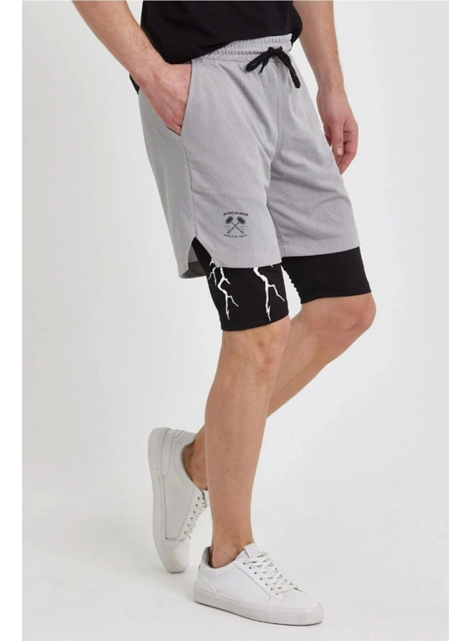 Unisex Baskılı İç Cepli Sporcu Alt Taytlı Şort - Gri