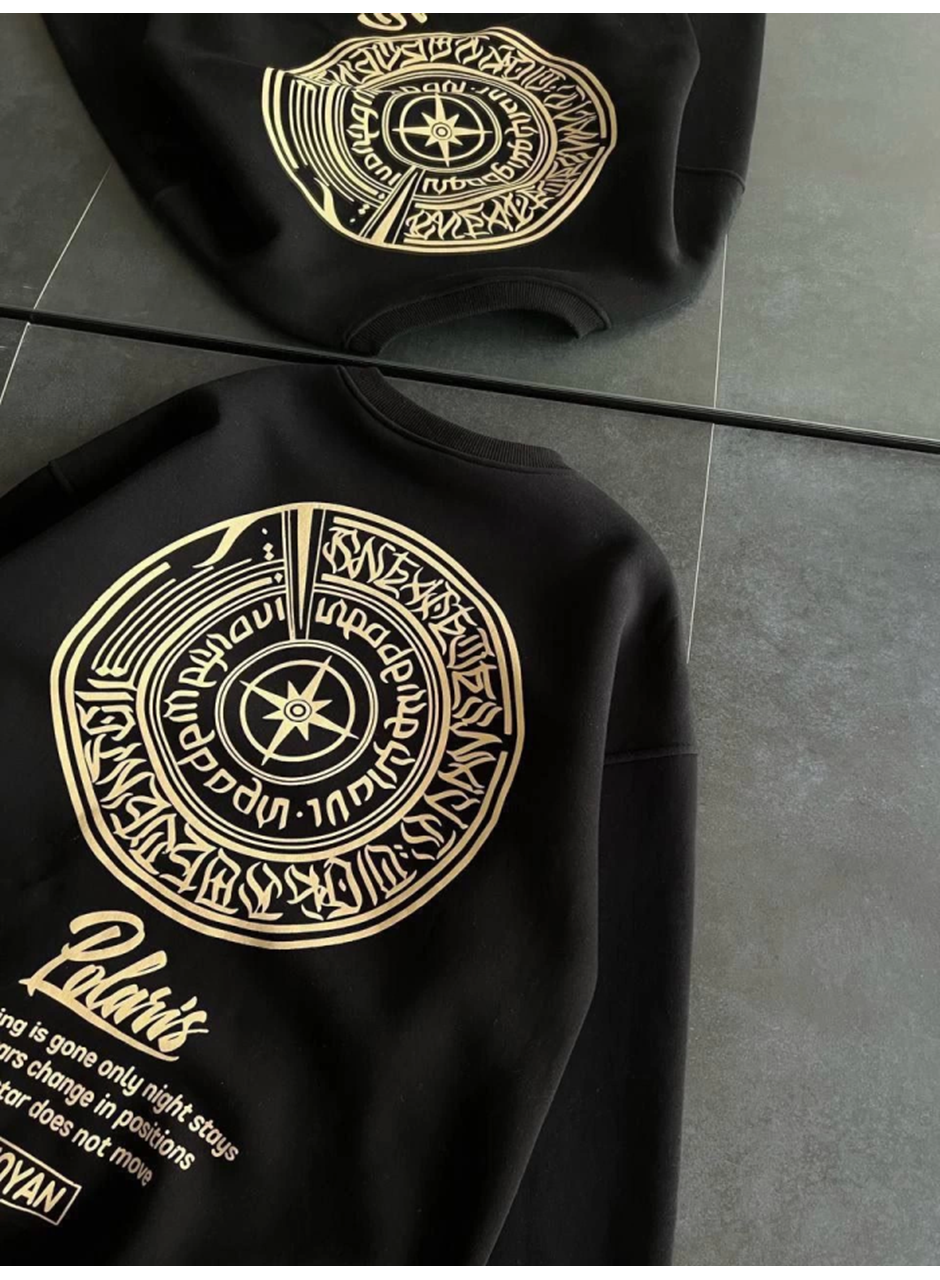 Kışlık Bisiklet Yaka Ön Ve Arka Baskılı SweatShirt - Siyah