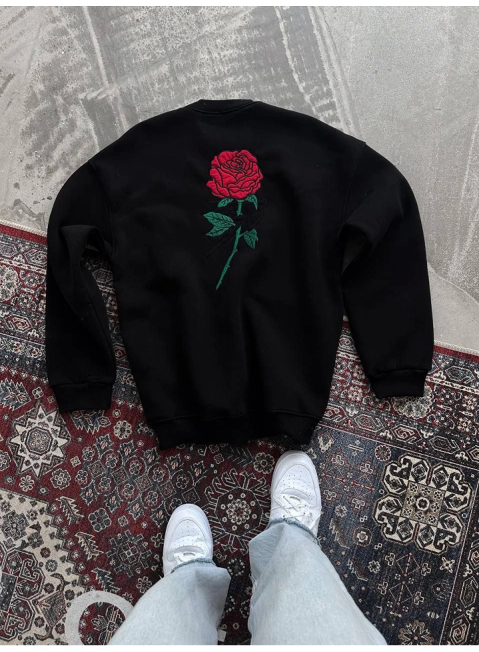Oversize Üç İplik Bisiklet Yaka Baskılı SweatShirt - Siyah