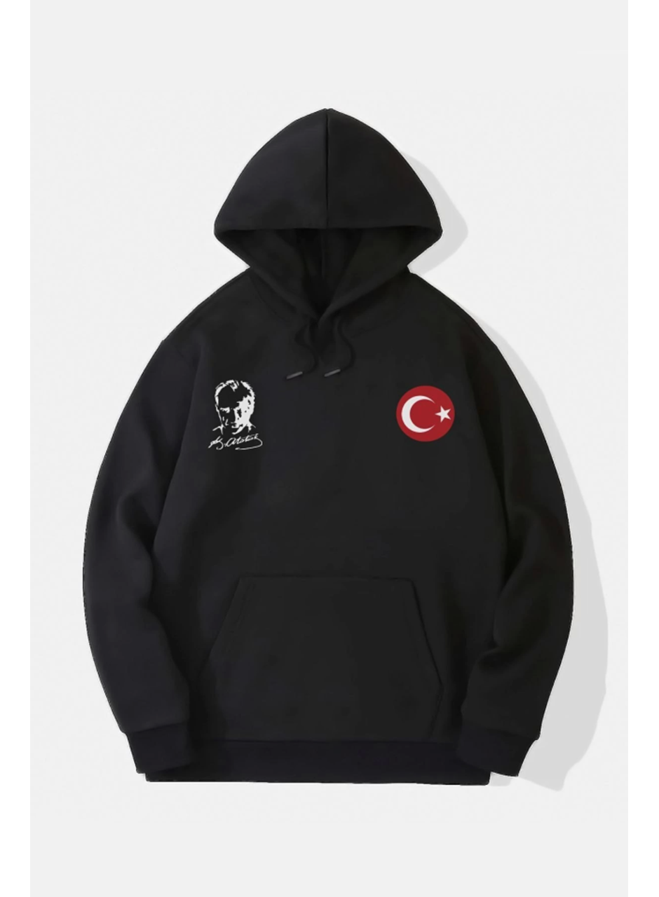 10 Kasıma Özel Üç İplik Kapşonlu Baskılı SweatShirt - Siyah