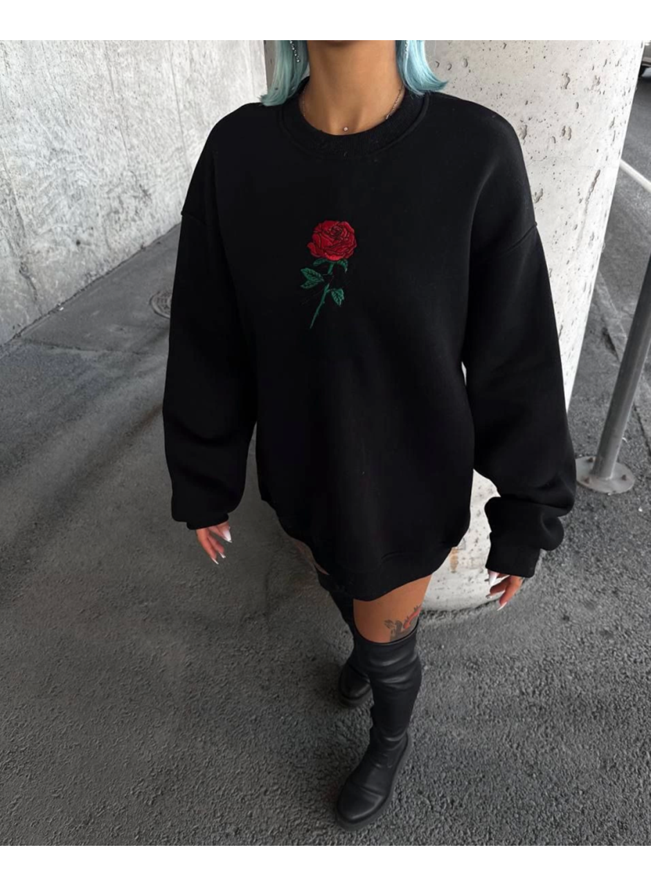 Oversize Üç İplik Bisiklet Yaka Baskılı SweatShirt - Siyah