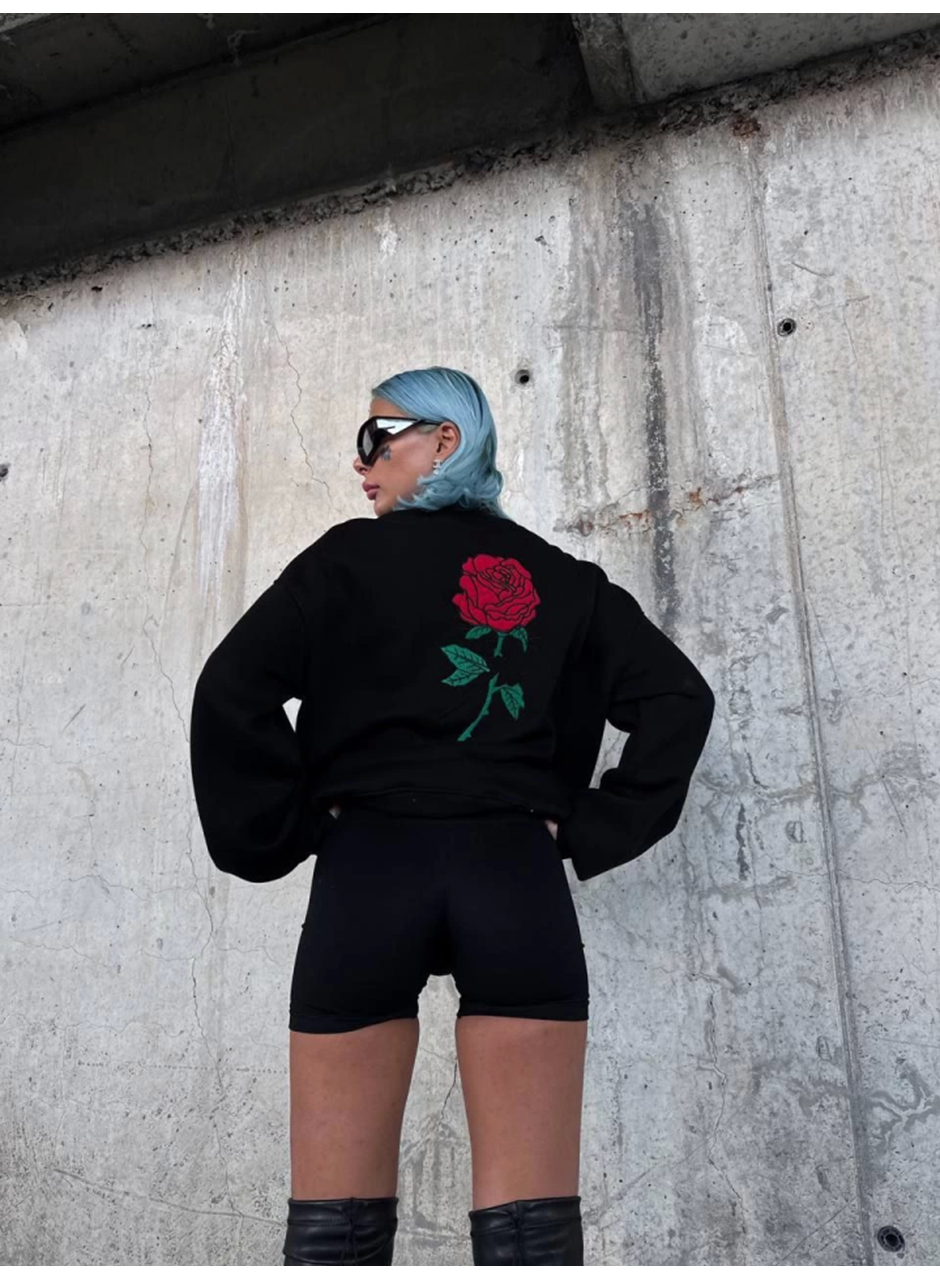 Oversize Üç İplik Bisiklet Yaka Baskılı SweatShirt - Siyah