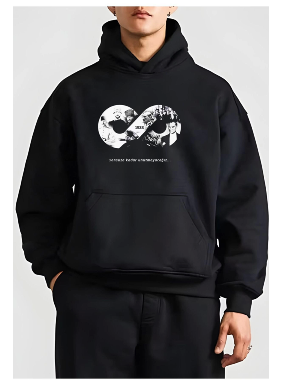 10 Kasıma Özel Üç İplik Kapşonlu Baskılı SweatShirt - Siyah