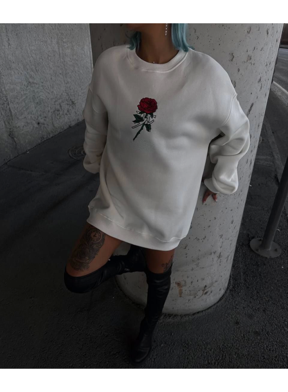 Oversize Üç İplik Bisiklet Yaka Baskılı SweatShirt - Beyaz