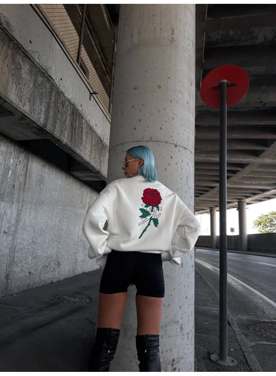 Oversize Üç İplik Bisiklet Yaka Baskılı SweatShirt - Beyaz