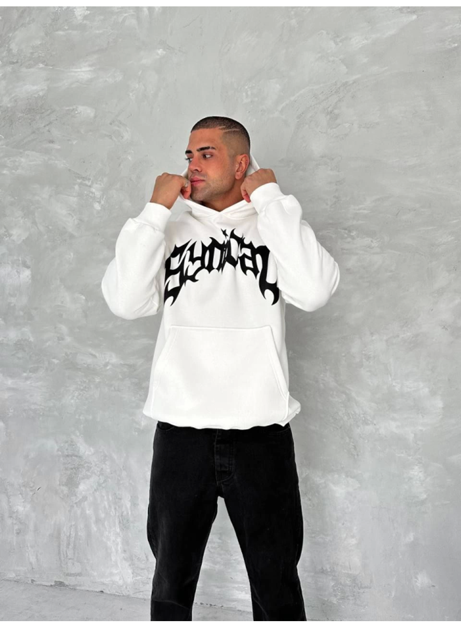 Unisex Üç İplik Kapşonlu Baskılı SweatShirt - Beyaz